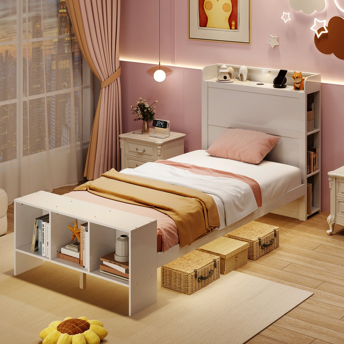 Bed Frame with 2 USB Ports with Storage Headboard and Lights-Simple Bed Frame-DECOROLALA