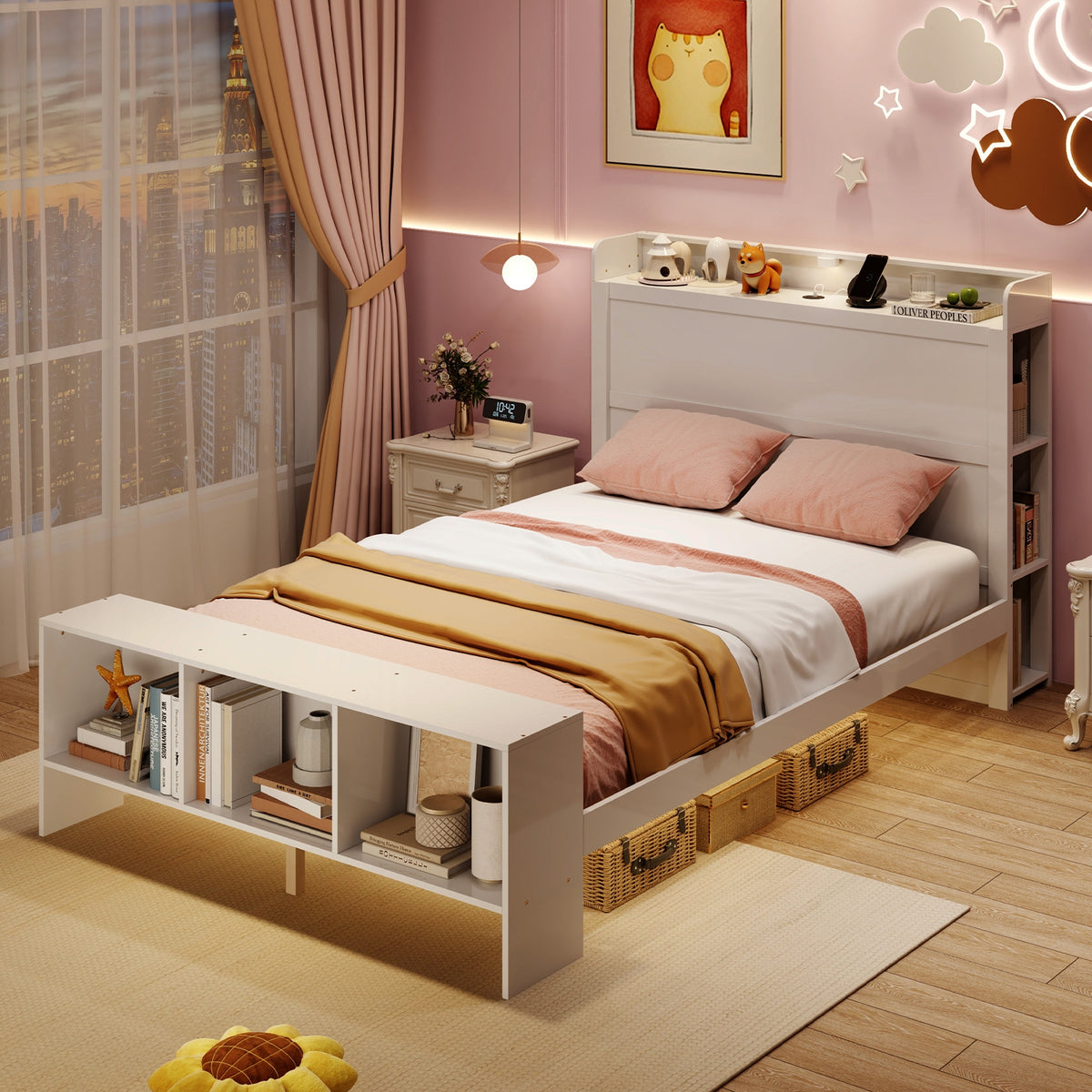 Bed Frame with 2 USB Ports with Storage Headboard and Lights-Simple Bed Frame-DECOROLALA