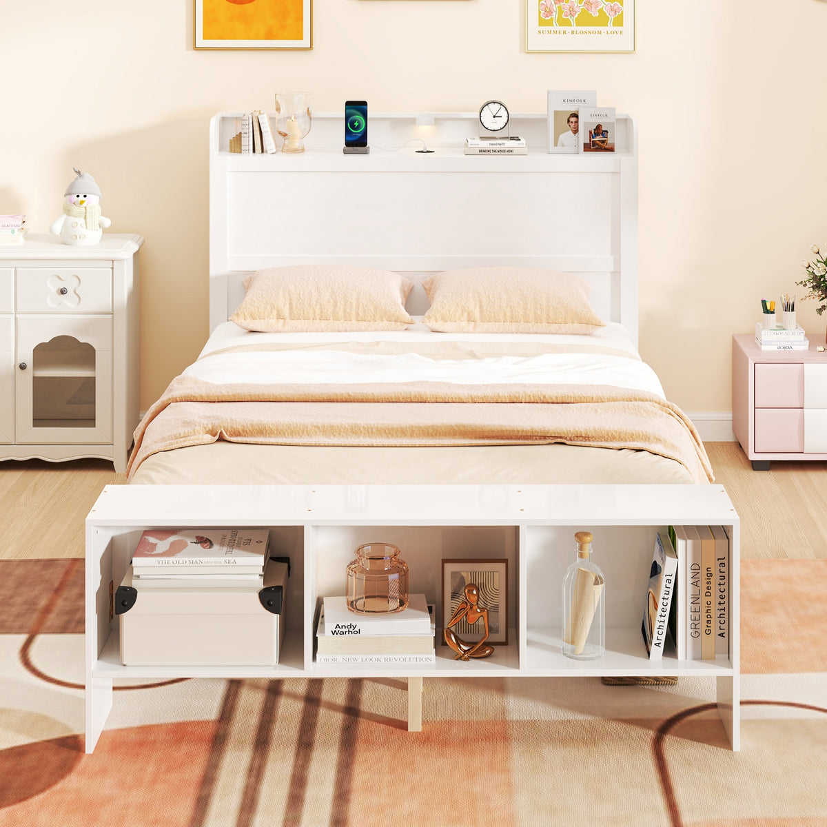 Bed Frame with 2 USB Ports with Storage Headboard and Lights-Simple Bed Frame-DECOROLALA