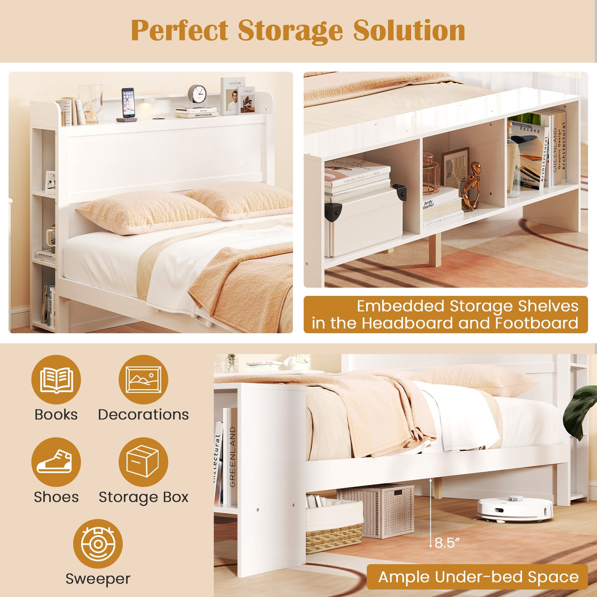 Bed Frame with 2 USB Ports with Storage Headboard and Lights-Simple Bed Frame-DECOROLALA