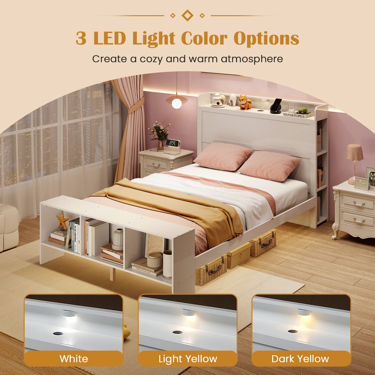 Bed Frame with 2 USB Ports with Storage Headboard and Lights-Simple Bed Frame-DECOROLALA