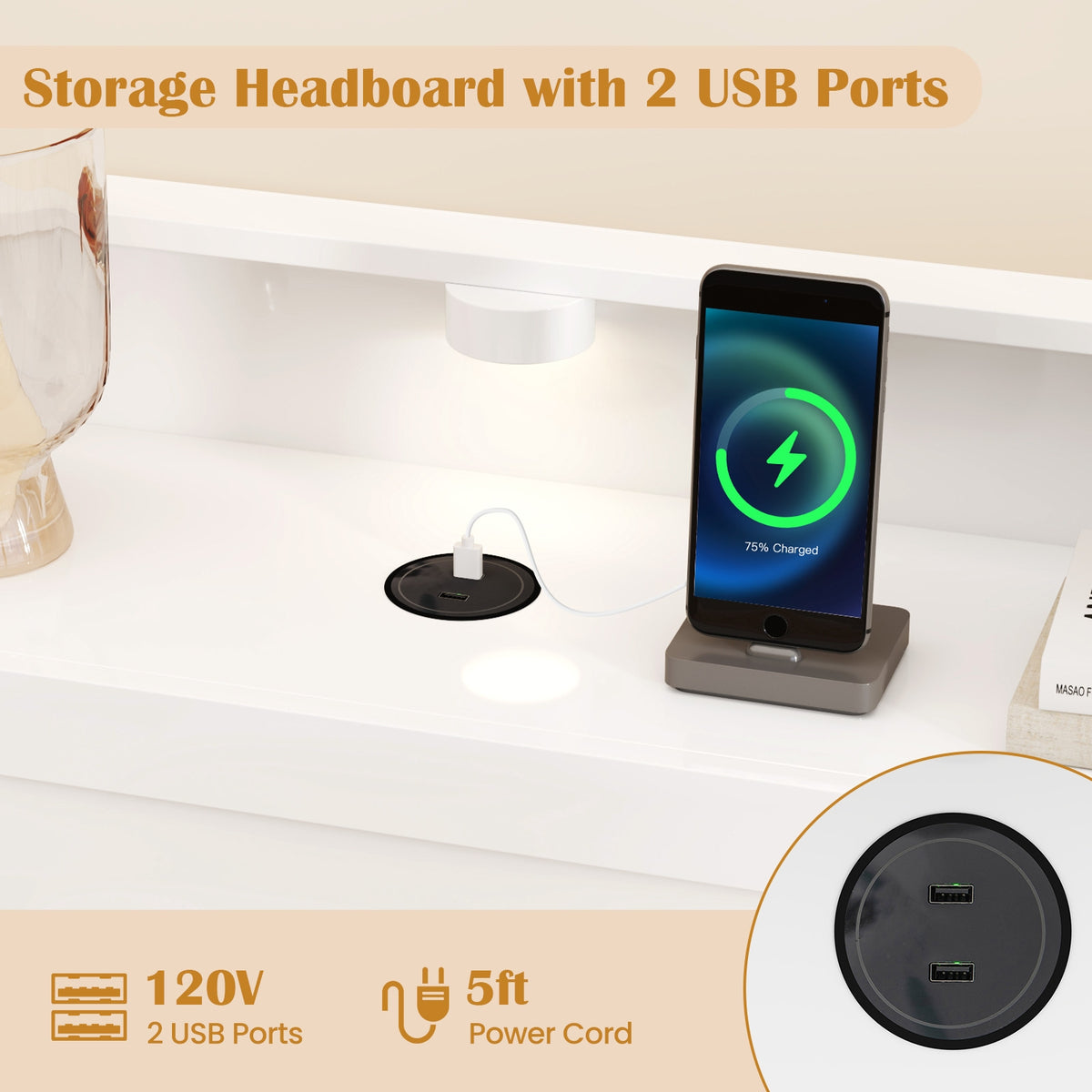 Bed Frame with 2 USB Ports with Storage Headboard and Lights-Simple Bed Frame-DECOROLALA