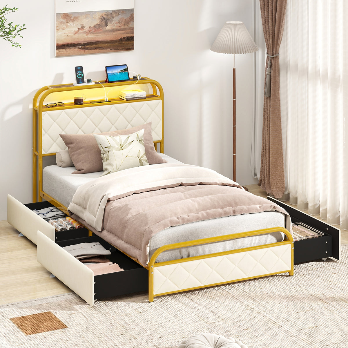 Bed Frame with LED Lights and Charging Station Gold-Simple Bed Frame-DECOROLALA