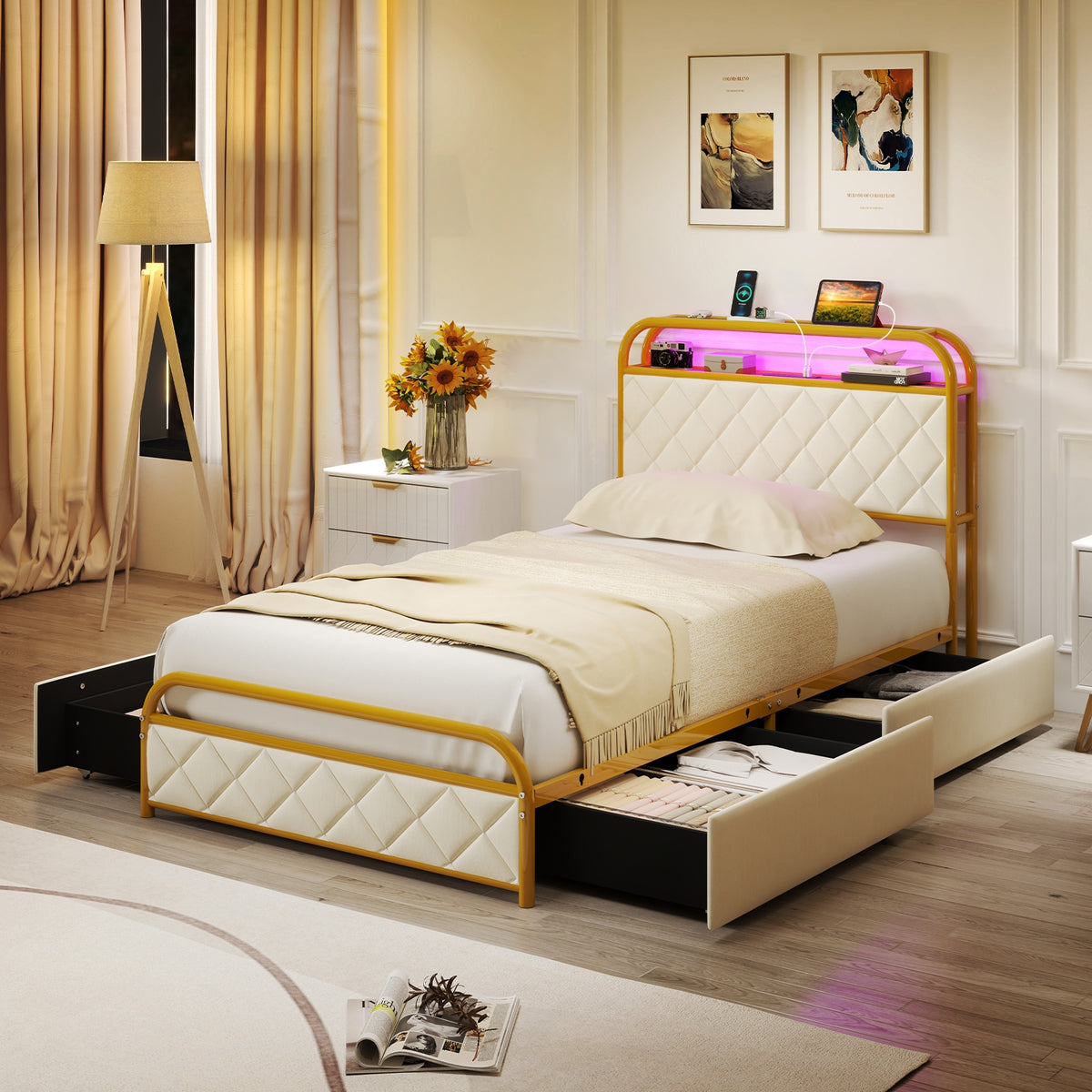 Bed Frame with LED Lights and Charging Station Gold-Simple Bed Frame-DECOROLALA