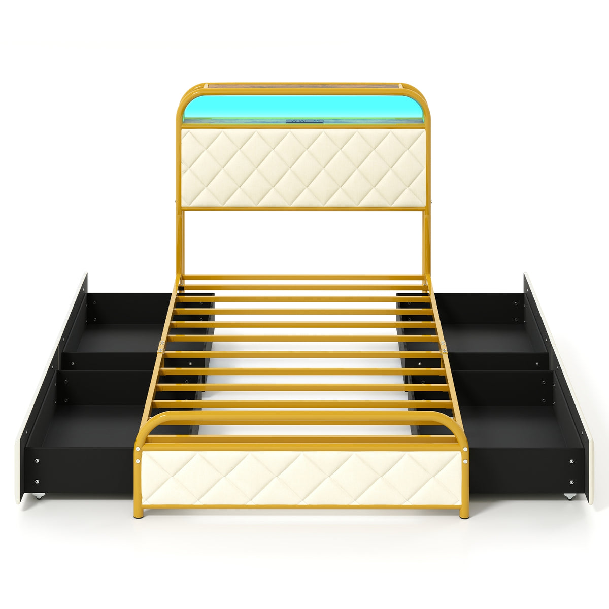 Bed Frame with LED Lights and Charging Station Gold-Simple Bed Frame-DECOROLALA