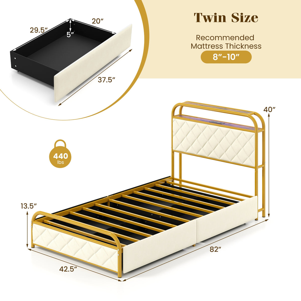 Bed Frame with LED Lights and Charging Station Gold-Simple Bed Frame-DECOROLALA