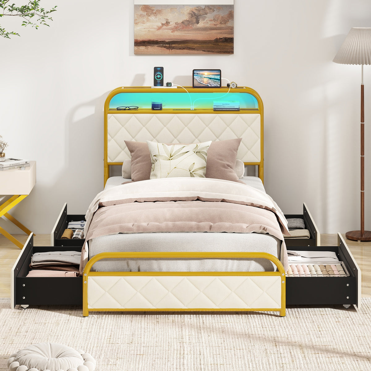 Bed Frame with LED Lights and Charging Station Gold-Simple Bed Frame-DECOROLALA