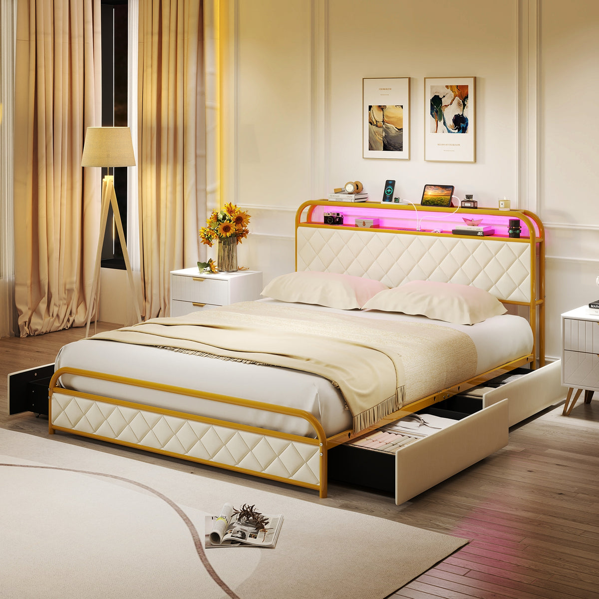 Bed Frame with LED Lights and Charging Station Gold-Simple Bed Frame-DECOROLALA