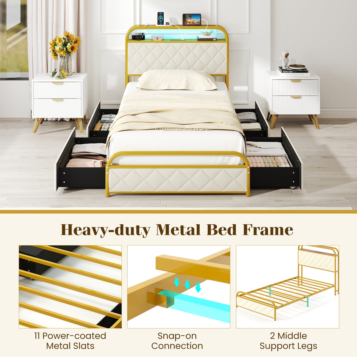 Bed Frame with LED Lights and Charging Station Gold-Simple Bed Frame-DECOROLALA