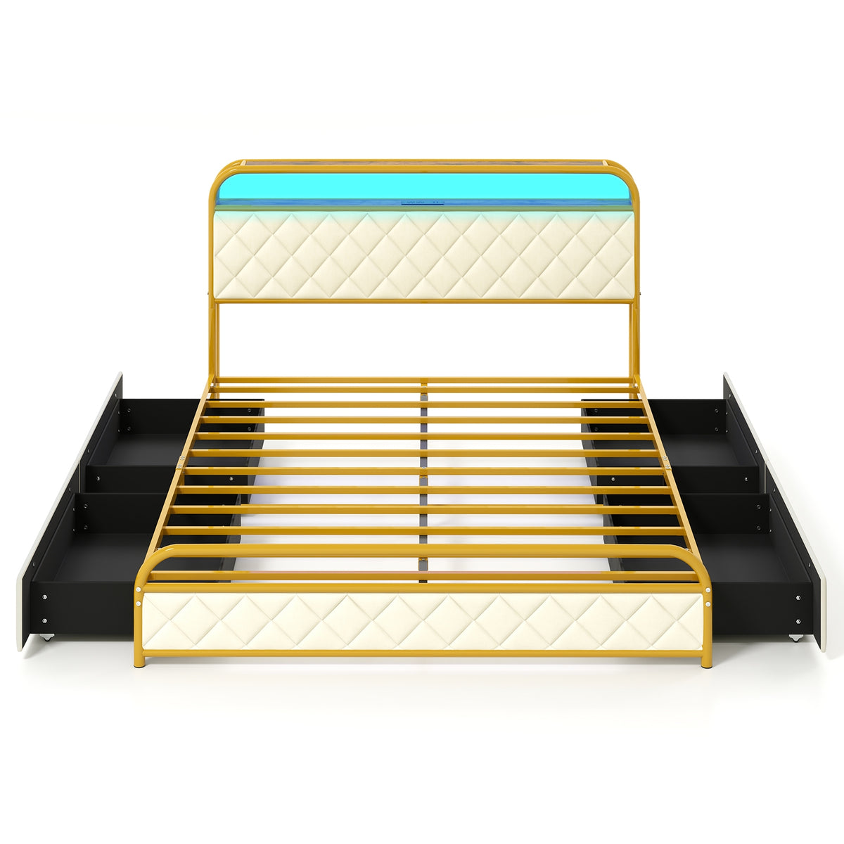 Bed Frame with LED Lights and Charging Station Gold-Simple Bed Frame-DECOROLALA