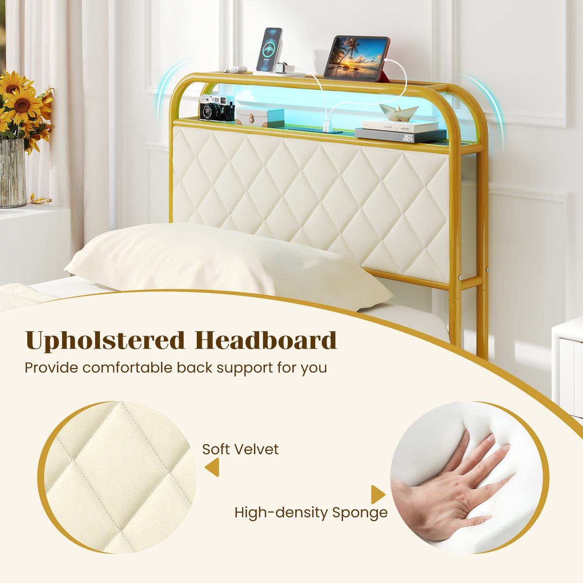 Bed Frame with LED Lights and Charging Station Gold-Simple Bed Frame-DECOROLALA