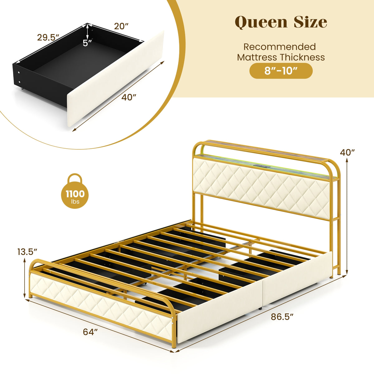 Bed Frame with LED Lights and Charging Station Gold-Simple Bed Frame-DECOROLALA