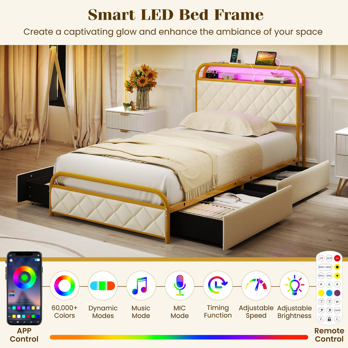 Bed Frame with LED Lights and Charging Station Gold-Simple Bed Frame-DECOROLALA