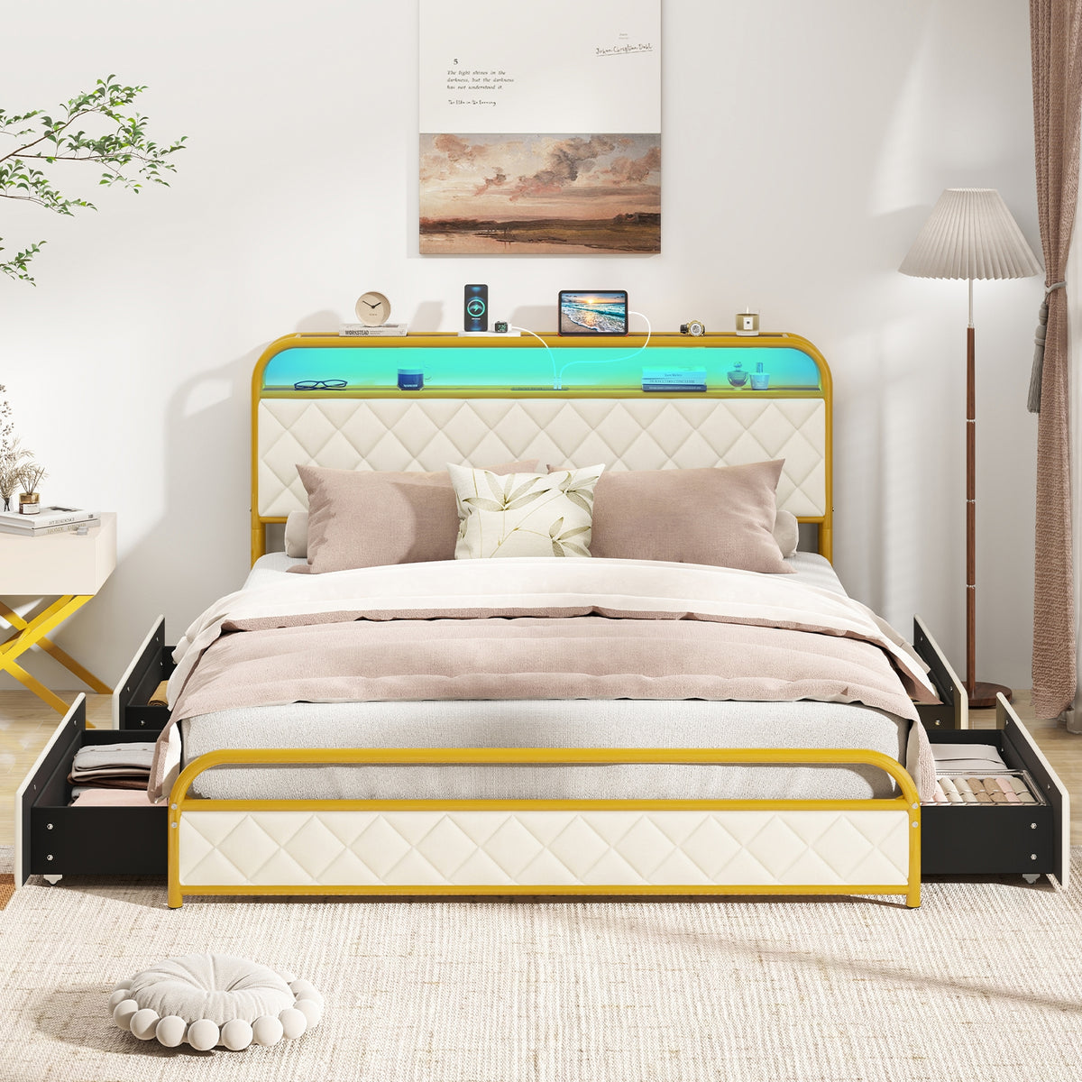 Bed Frame with LED Lights and Charging Station Gold-Simple Bed Frame-DECOROLALA