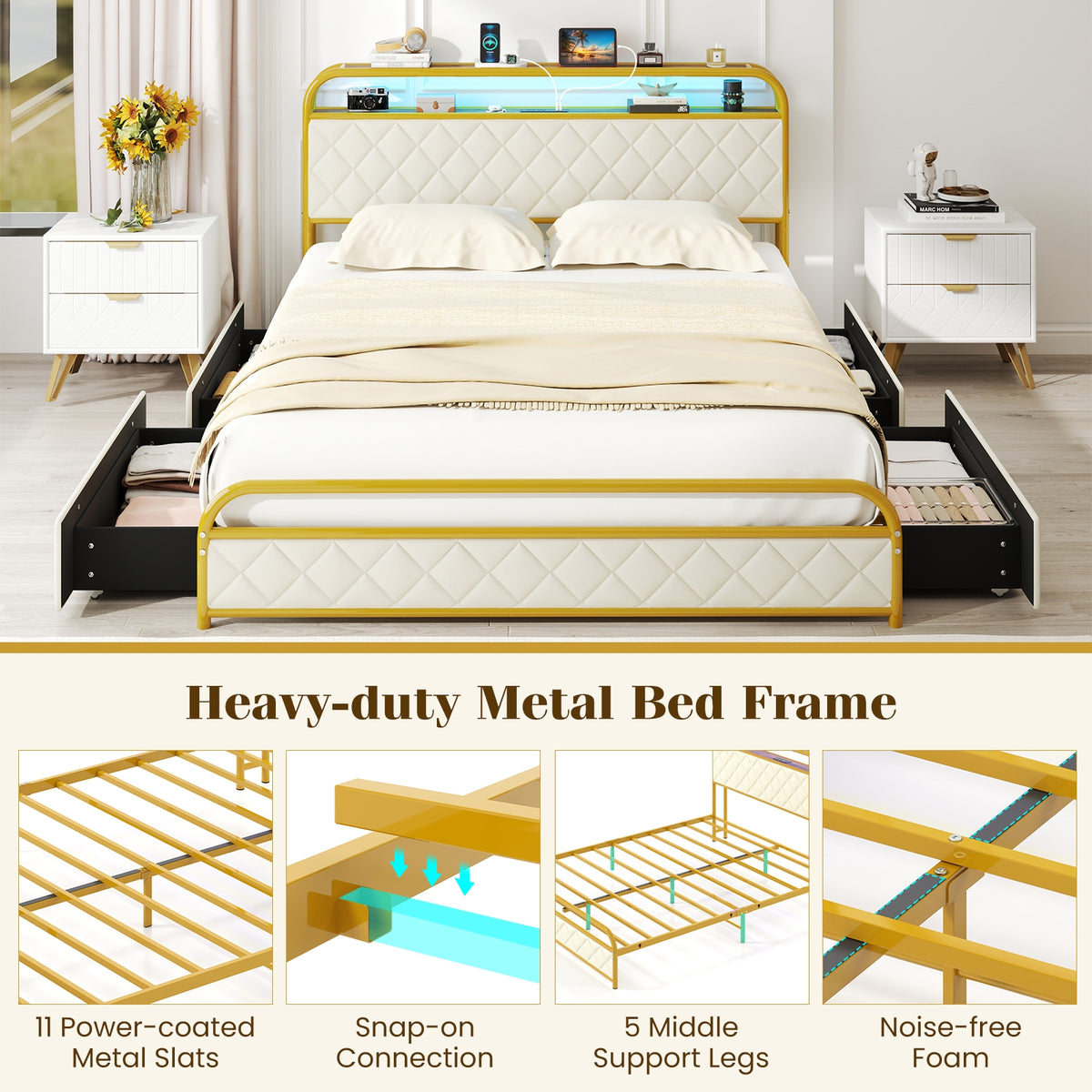 Bed Frame with LED Lights and Charging Station Gold-Simple Bed Frame-DECOROLALA