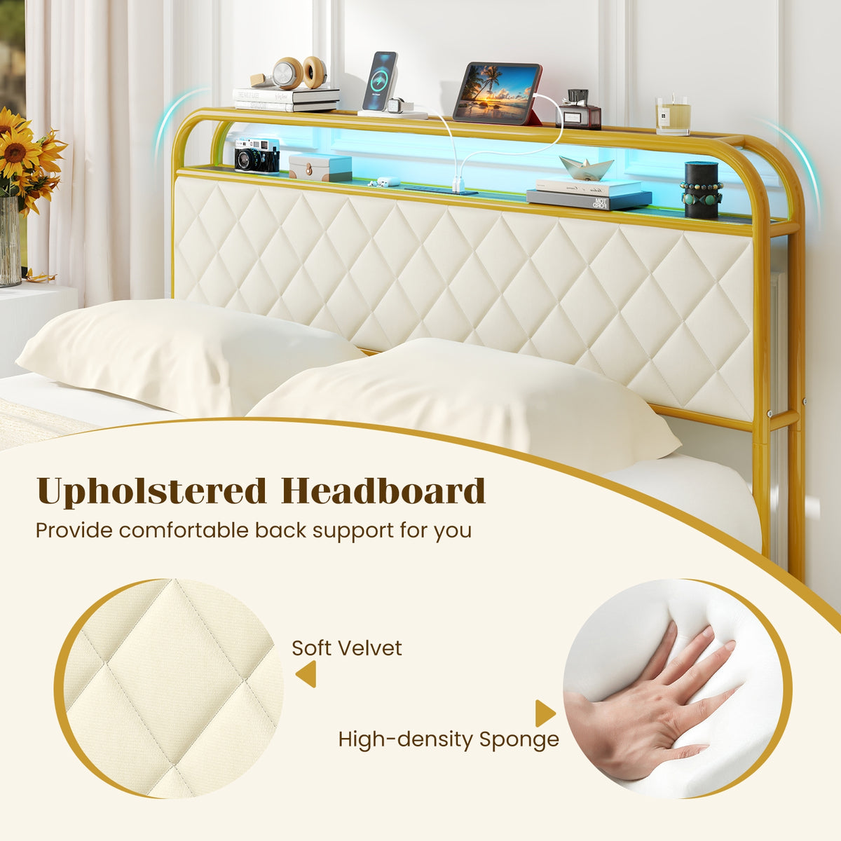 Bed Frame with LED Lights and Charging Station Gold-Simple Bed Frame-DECOROLALA