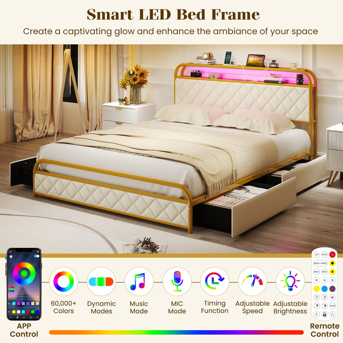 Bed Frame with LED Lights and Charging Station Gold-Simple Bed Frame-DECOROLALA