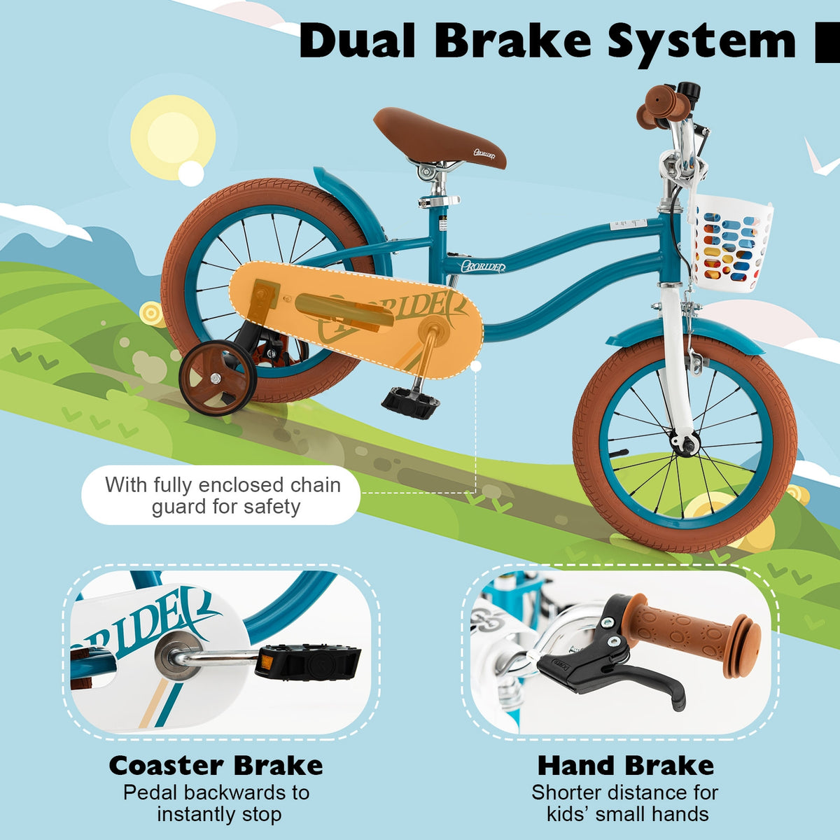 Kids Bike with Front Handbrake and 2 Training Wheels