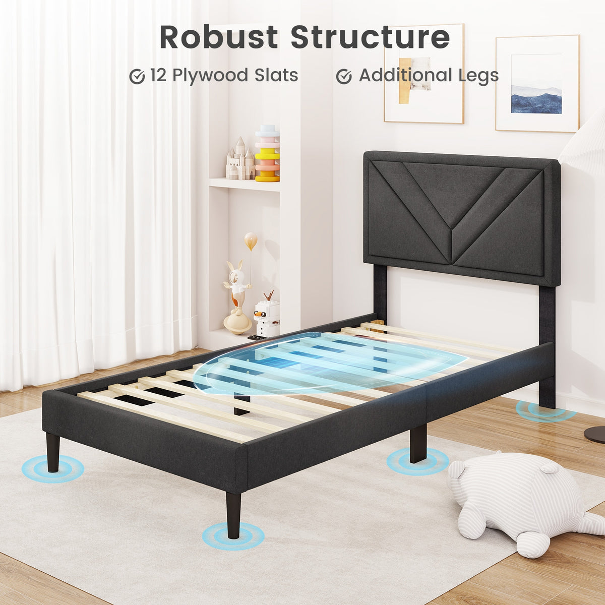 Upholstered Platform Bed with Tufted Headboard and Wooden Slats-Simple Bed Frame-DECOROLALA