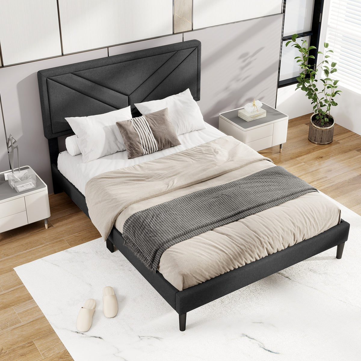 Upholstered Platform Bed with Tufted Headboard and Wooden Slats-Simple Bed Frame-DECOROLALA