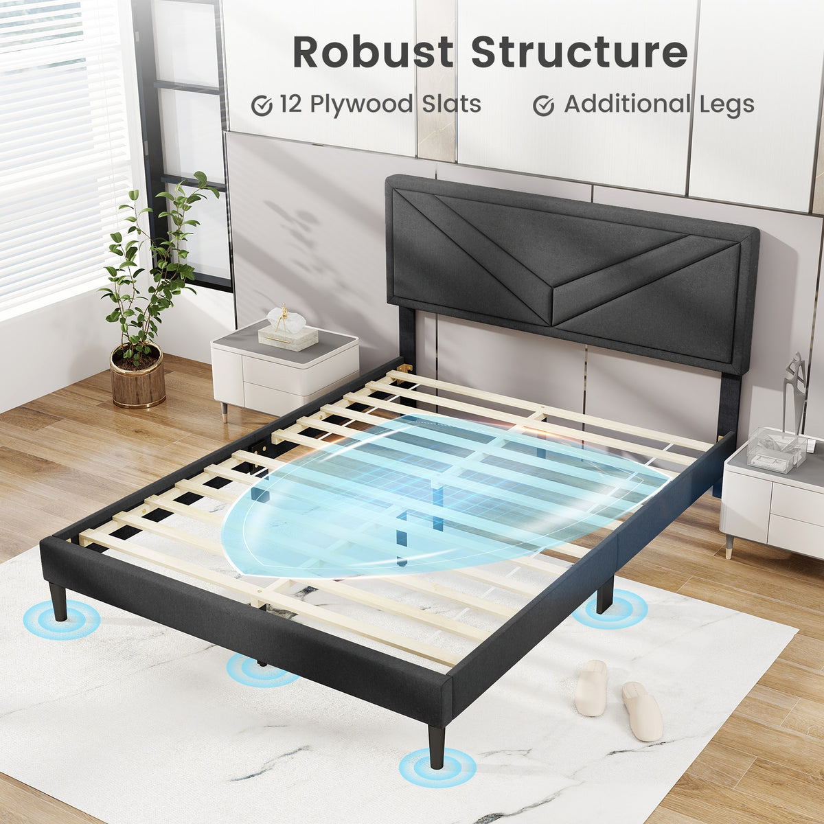 Upholstered Platform Bed with Tufted Headboard and Wooden Slats-Simple Bed Frame-DECOROLALA