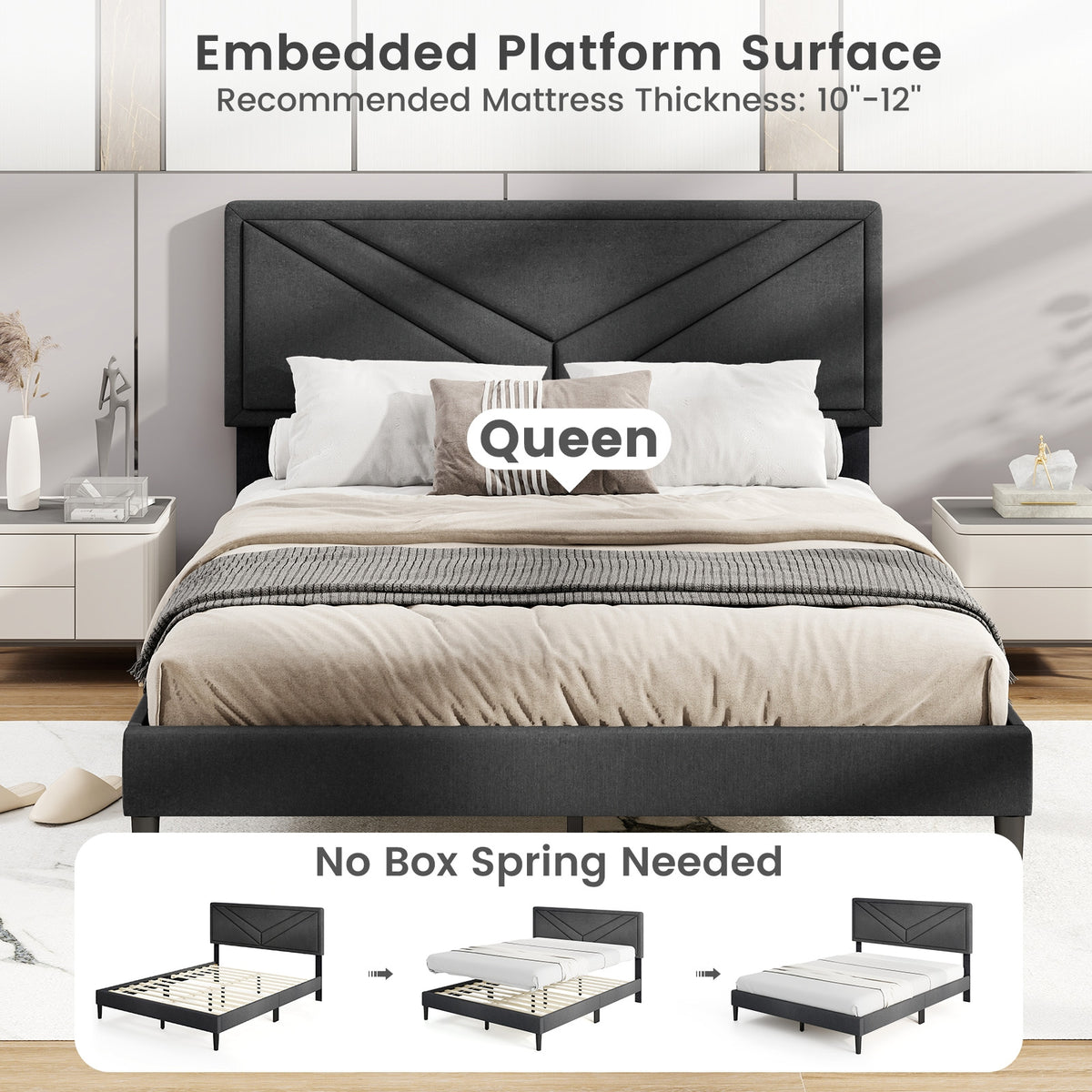 Upholstered Platform Bed with Tufted Headboard and Wooden Slats-Simple Bed Frame-DECOROLALA