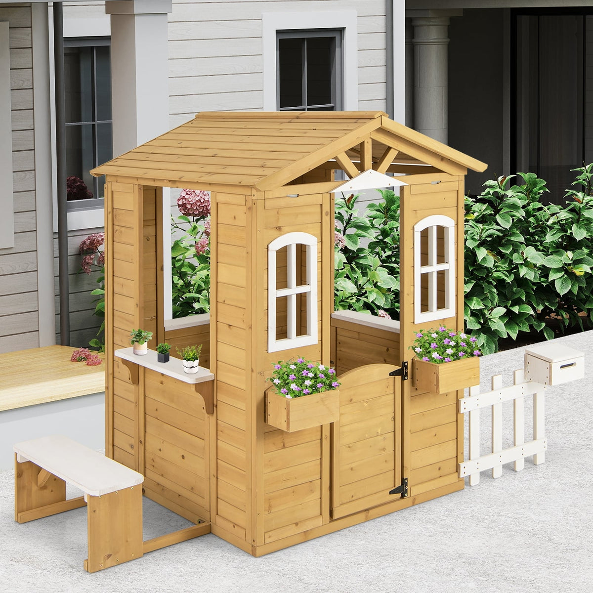 Maisonnette en bois avec banc et comptoirs de service pour enfants de 2 ans et plus