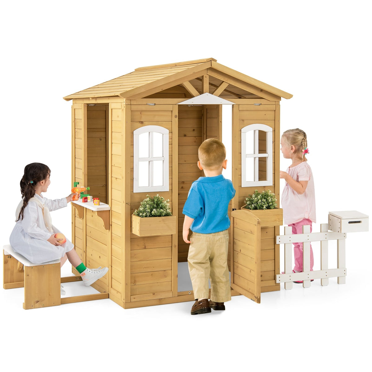 Maisonnette en bois avec banc et comptoirs de service pour enfants de 2 ans et plus
