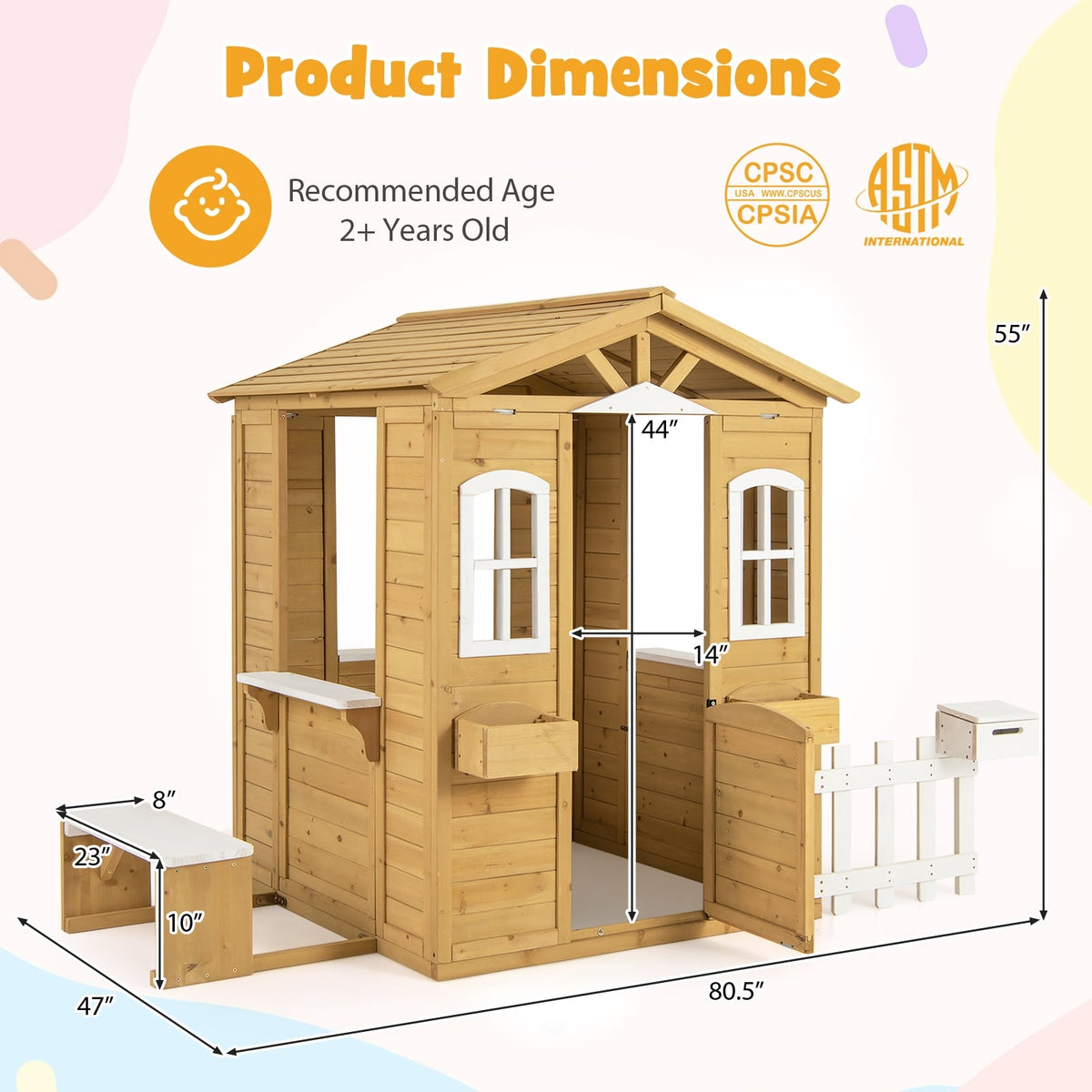 Maisonnette en bois avec banc et comptoirs de service pour enfants de 2 ans et plus