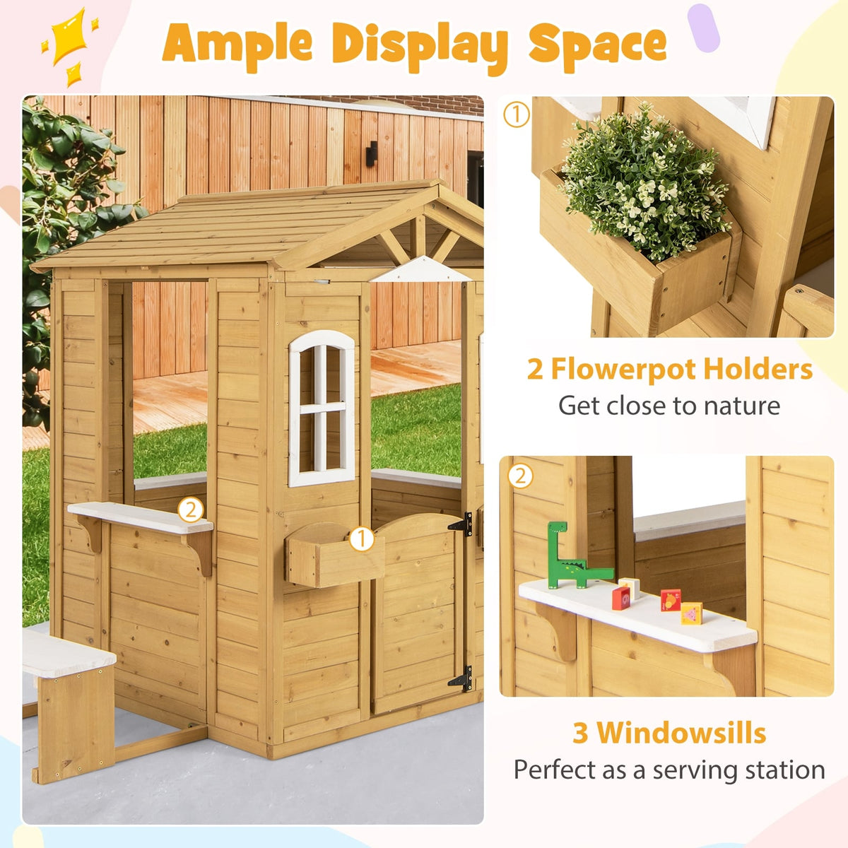 Maisonnette en bois avec banc et comptoirs de service pour enfants de 2 ans et plus
