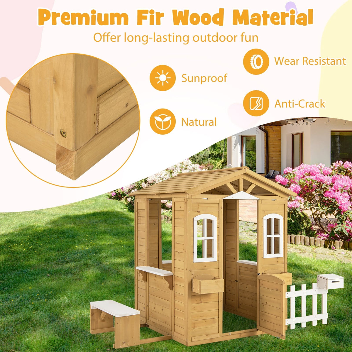 Maisonnette en bois avec banc et comptoirs de service pour enfants de 2 ans et plus