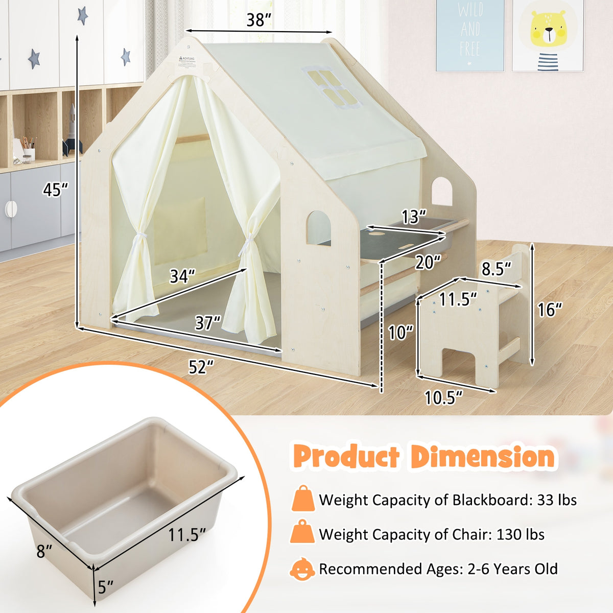 Maison de jeu d’intérieur de style Montessori avec bac de rangement et tapis de sol pour tout-petits de 2 à 6 ans - beige