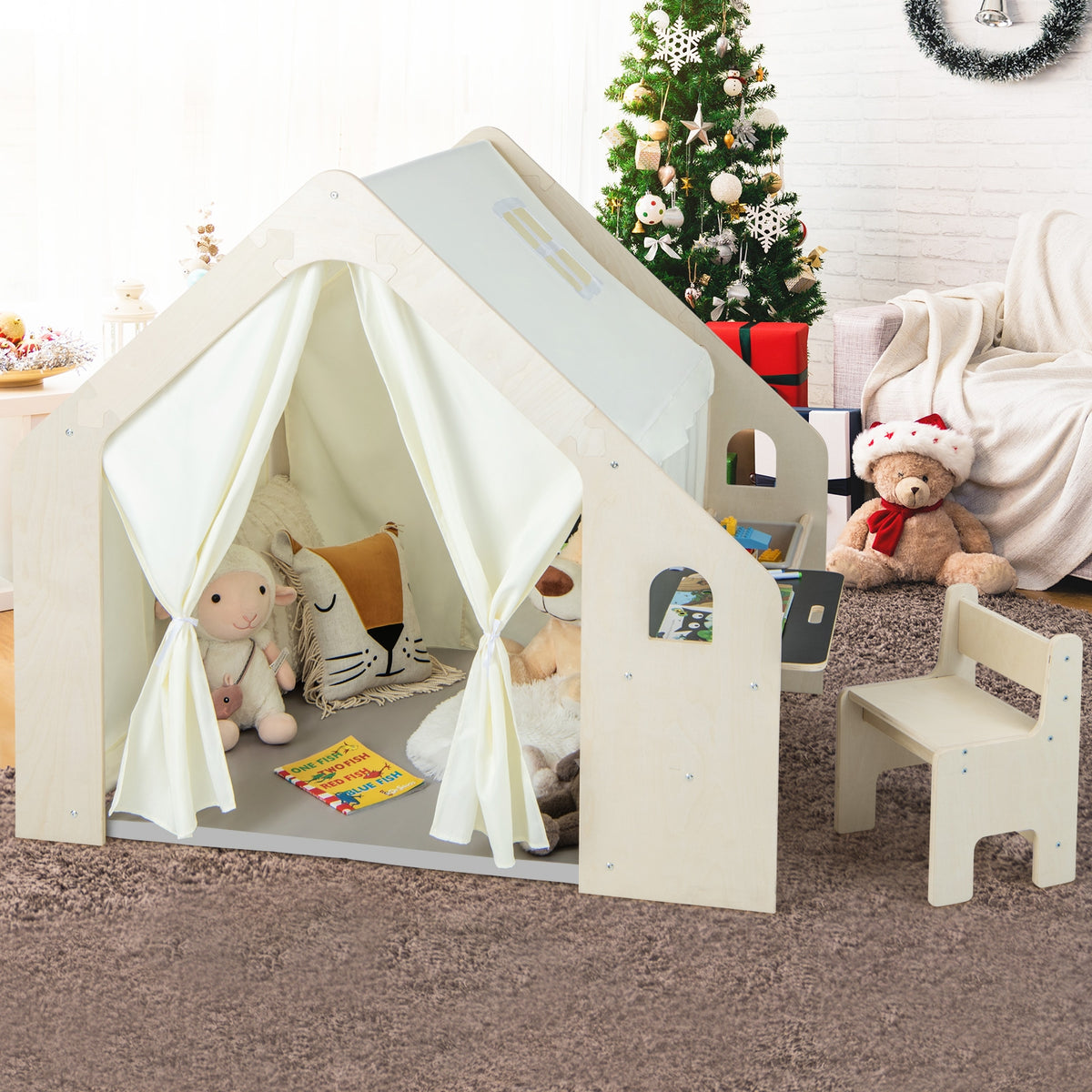 Maison de jeu d’intérieur de style Montessori avec bac de rangement et tapis de sol pour tout-petits de 2 à 6 ans - beige
