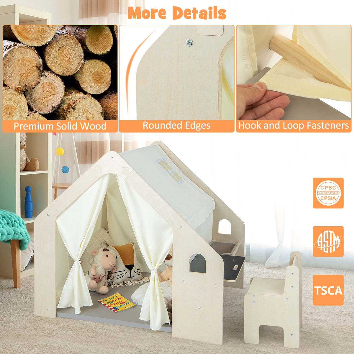 Maison de jeu d’intérieur de style Montessori avec bac de rangement et tapis de sol pour tout-petits de 2 à 6 ans - beige