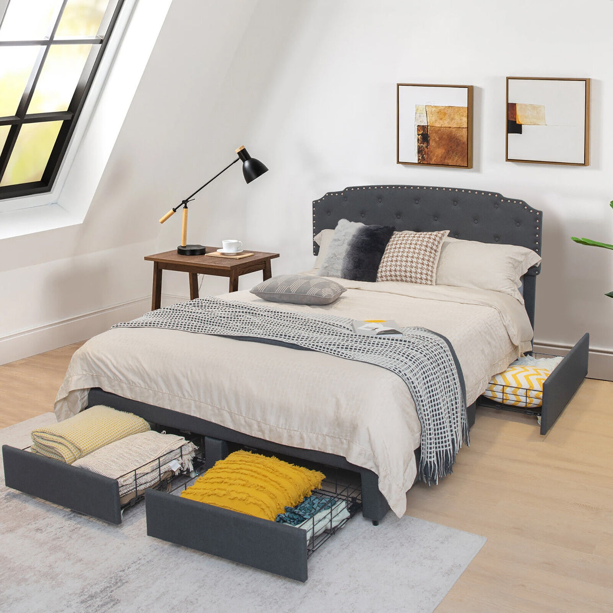 Platform Bed Frame with Adjustable Headboard and 4 Storage Drawers-Simple Bed Frame-DECOROLALA