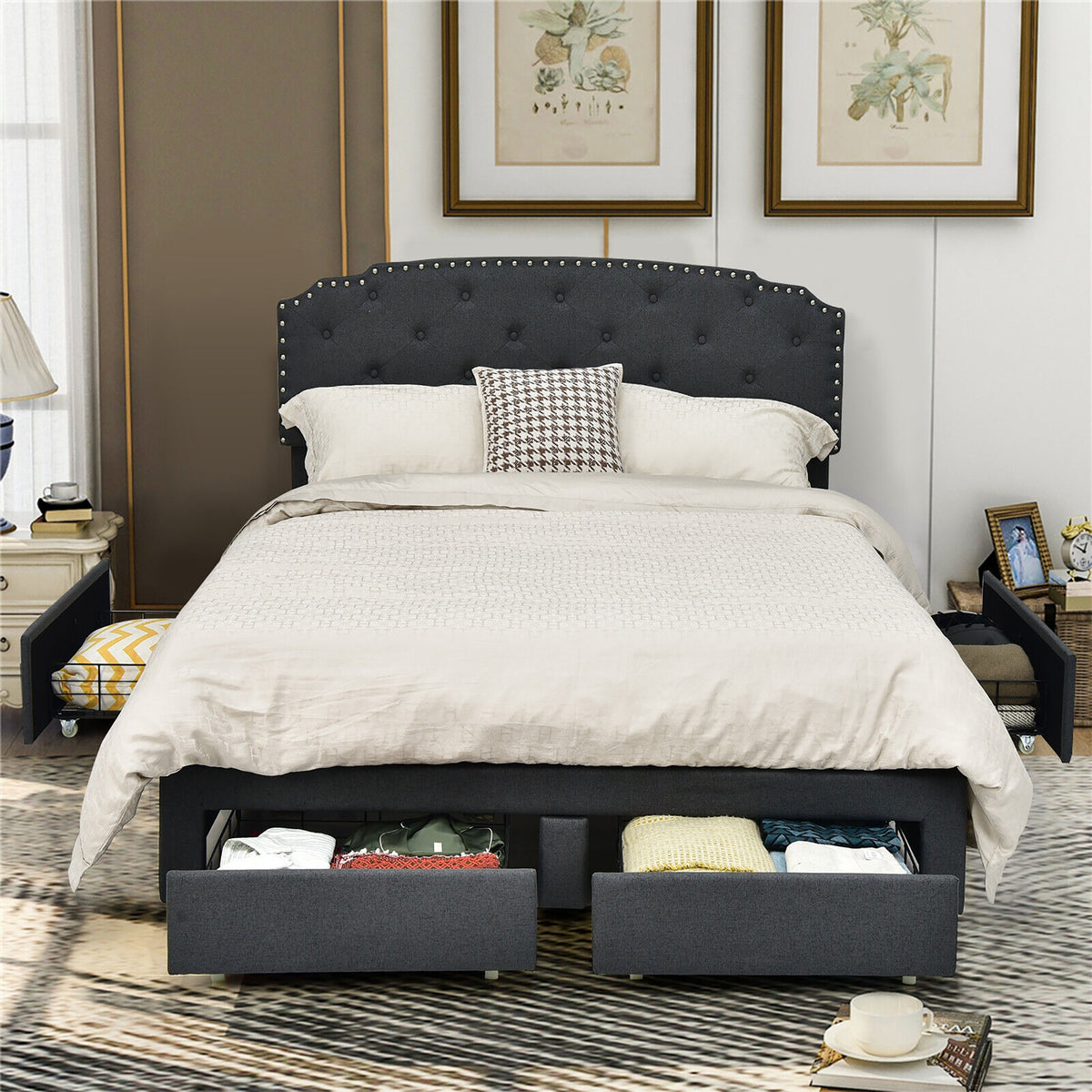 Platform Bed Frame with Adjustable Headboard and 4 Storage Drawers-Simple Bed Frame-DECOROLALA