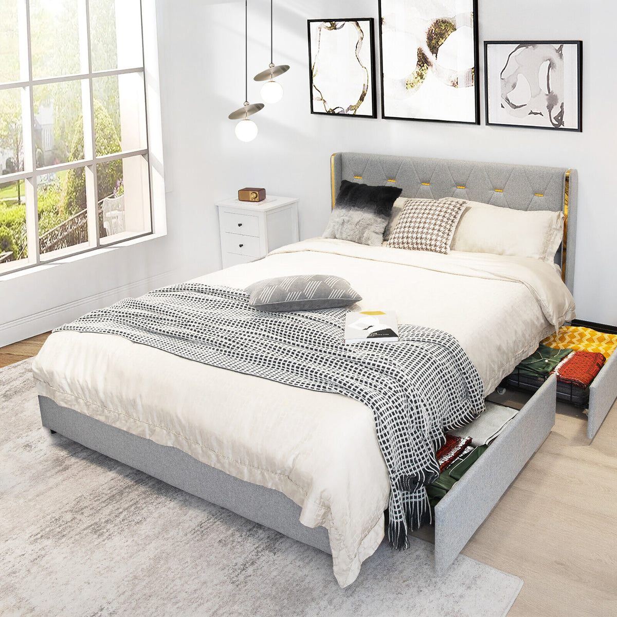Upholstered Bed Frame with 4 Drawers-Silver-Simple Bed Frame-DECOROLALA