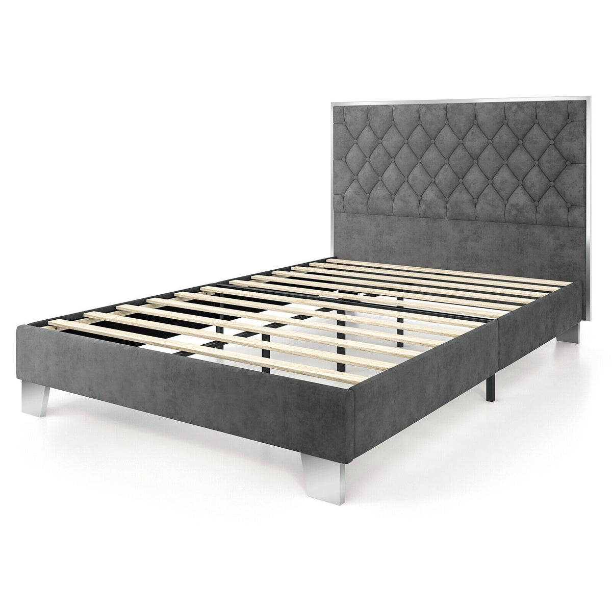 Upholstered Bed Frame with Velvet Headboard-Simple Bed Frame-DECOROLALA