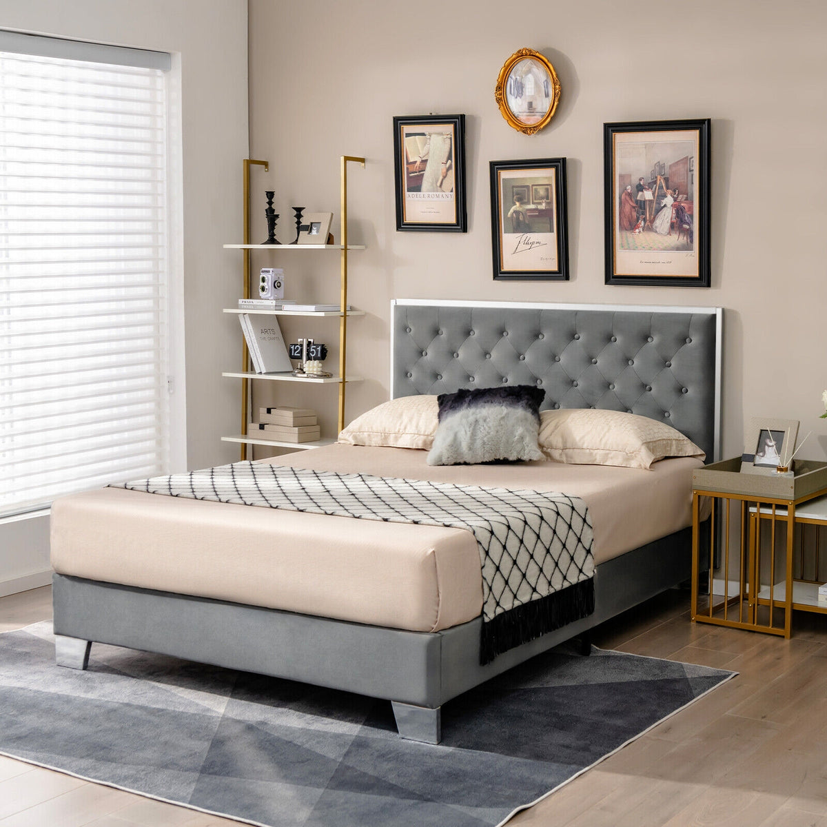 Upholstered Bed Frame with Velvet Headboard-Simple Bed Frame-DECOROLALA