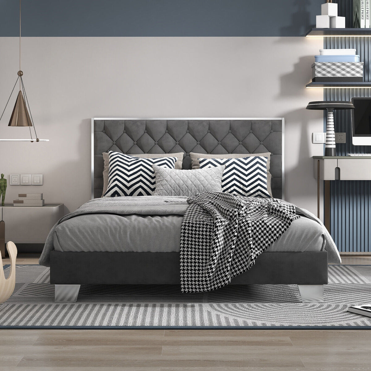 Upholstered Bed Frame with Velvet Headboard-Simple Bed Frame-DECOROLALA