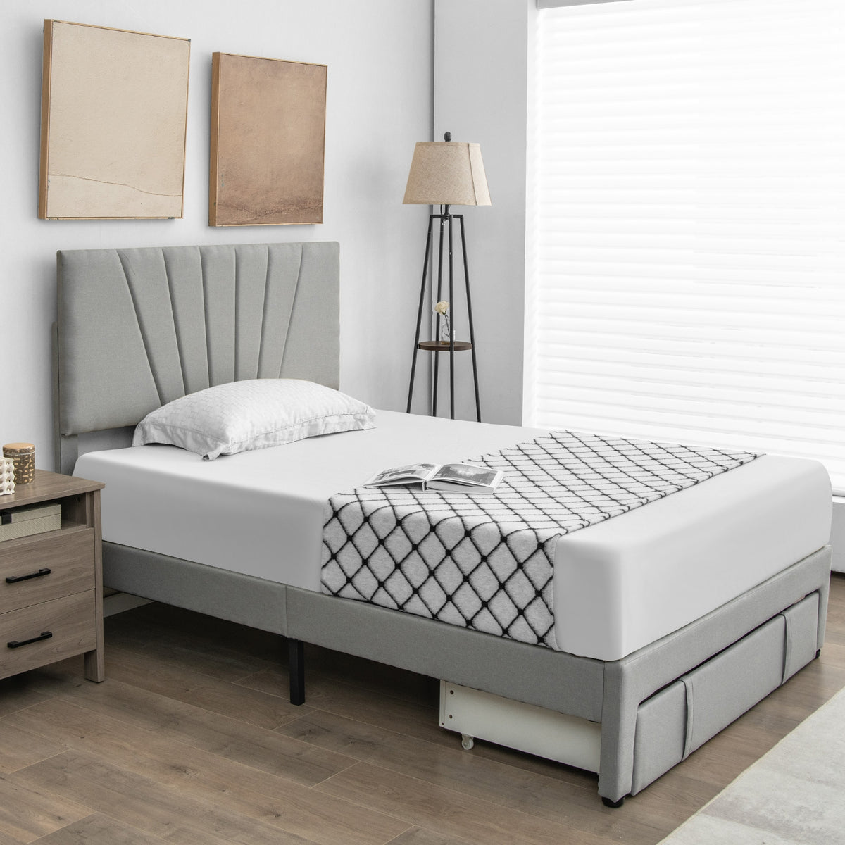 Upholstered Bed Frame with Drawer and Adjustable Headboard-Simple Bed Frame-DECOROLALA