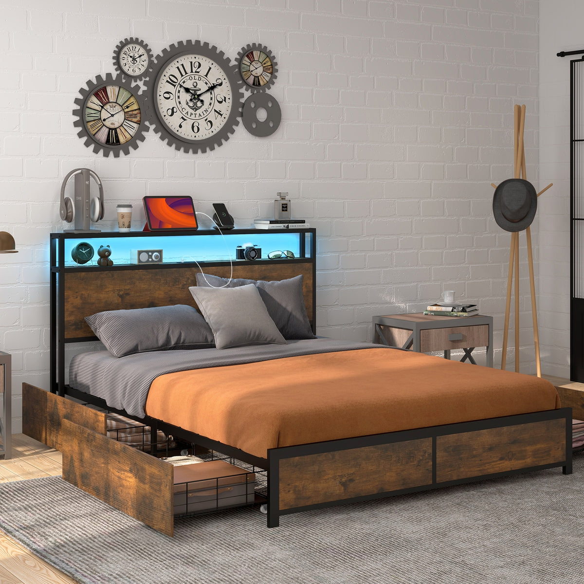 Bed Frame with Smart LED Lights and Storage Drawers-Simple Bed Frame-DECOROLALA