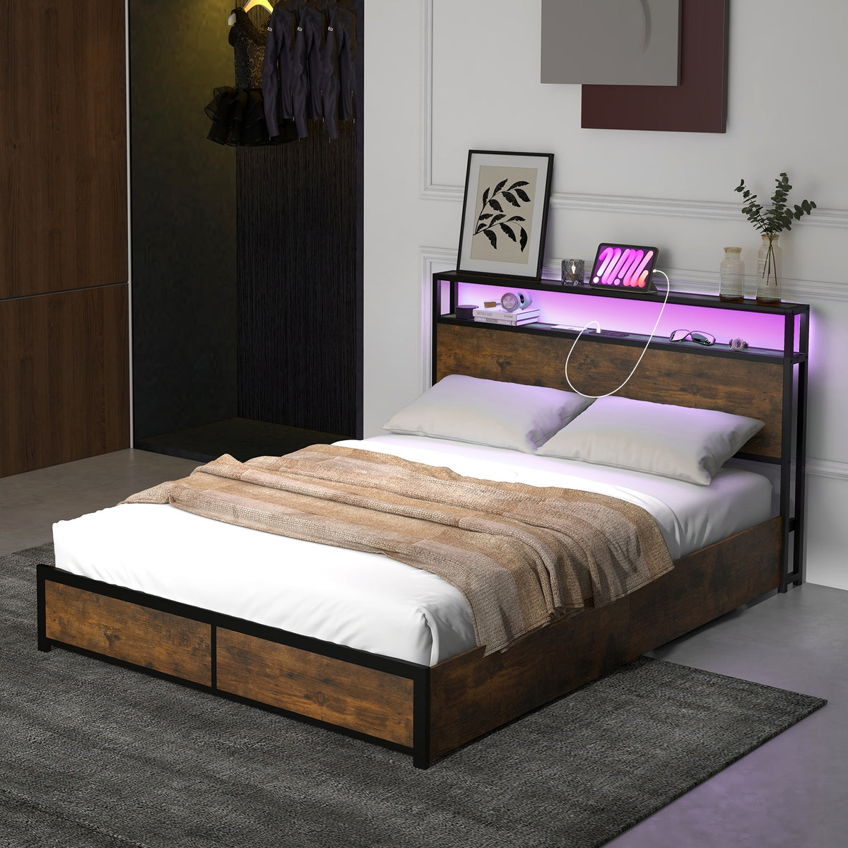 Bed Frame with Smart LED Lights and Storage Drawers-Simple Bed Frame-DECOROLALA