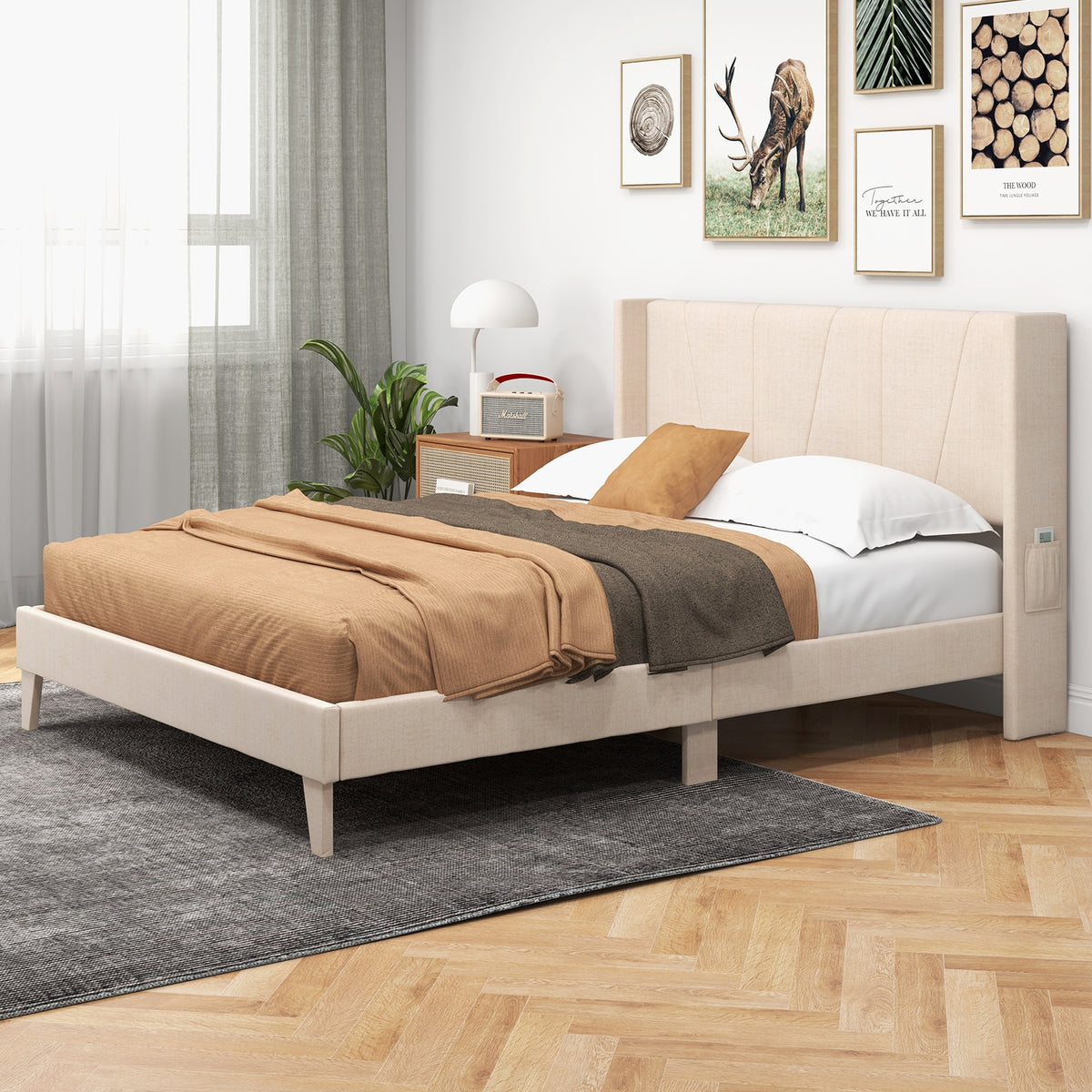 Upholstered Bed Frame with Geometric Wingback Headboard-Simple Bed Frame-DECOROLALA