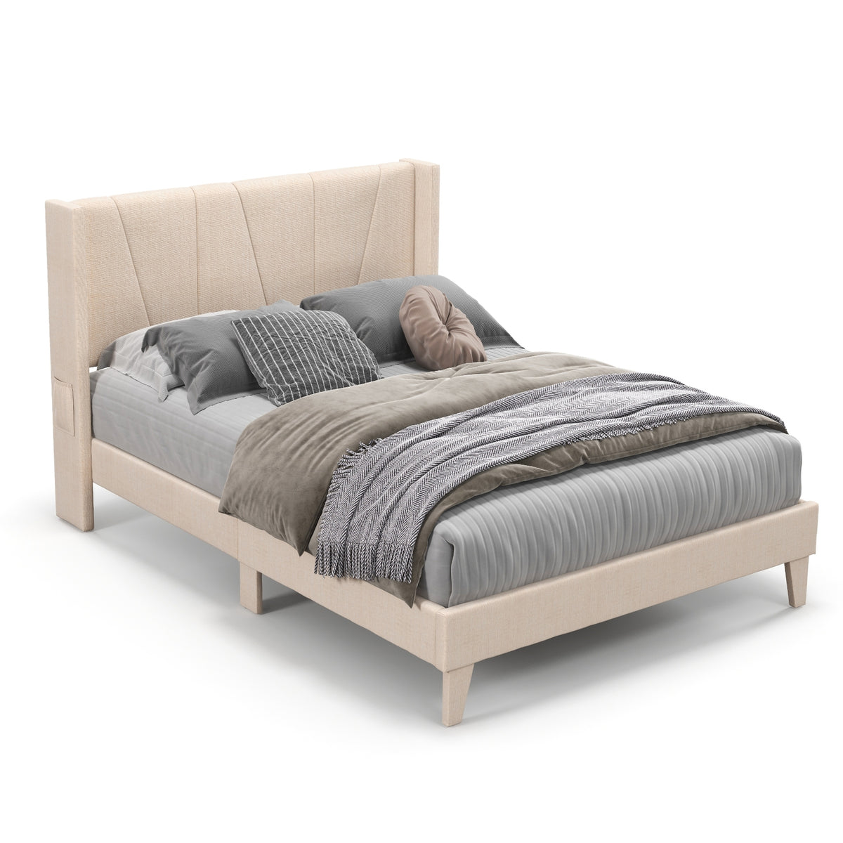 Upholstered Bed Frame with Geometric Wingback Headboard-Simple Bed Frame-DECOROLALA