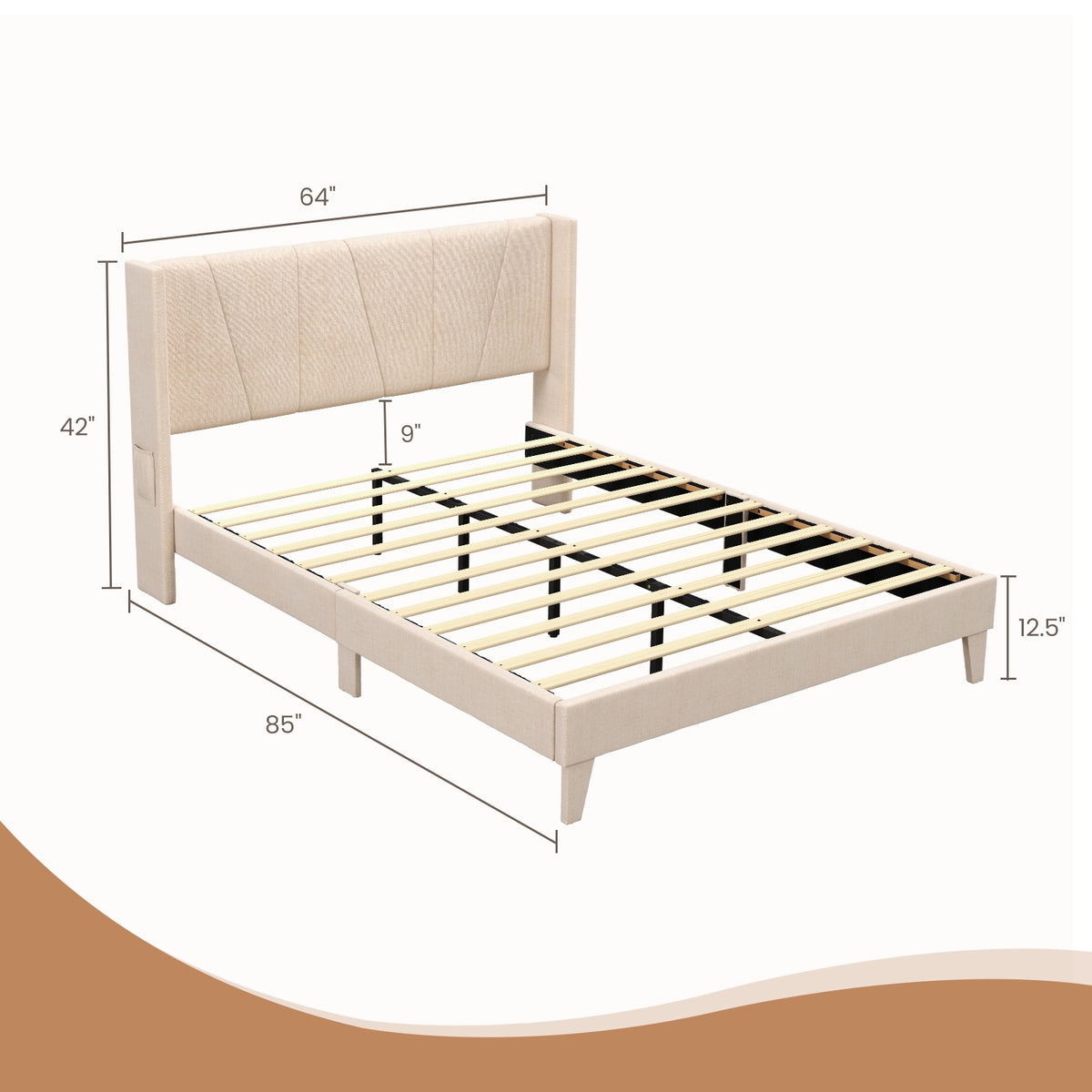 Upholstered Bed Frame with Geometric Wingback Headboard-Simple Bed Frame-DECOROLALA