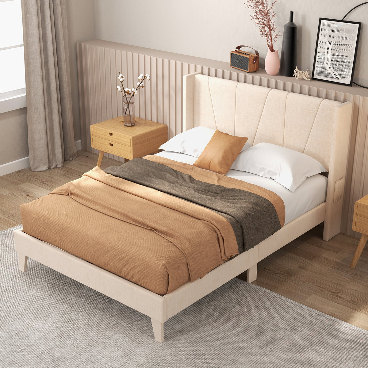 Upholstered Bed Frame with Geometric Wingback Headboard-Simple Bed Frame-DECOROLALA