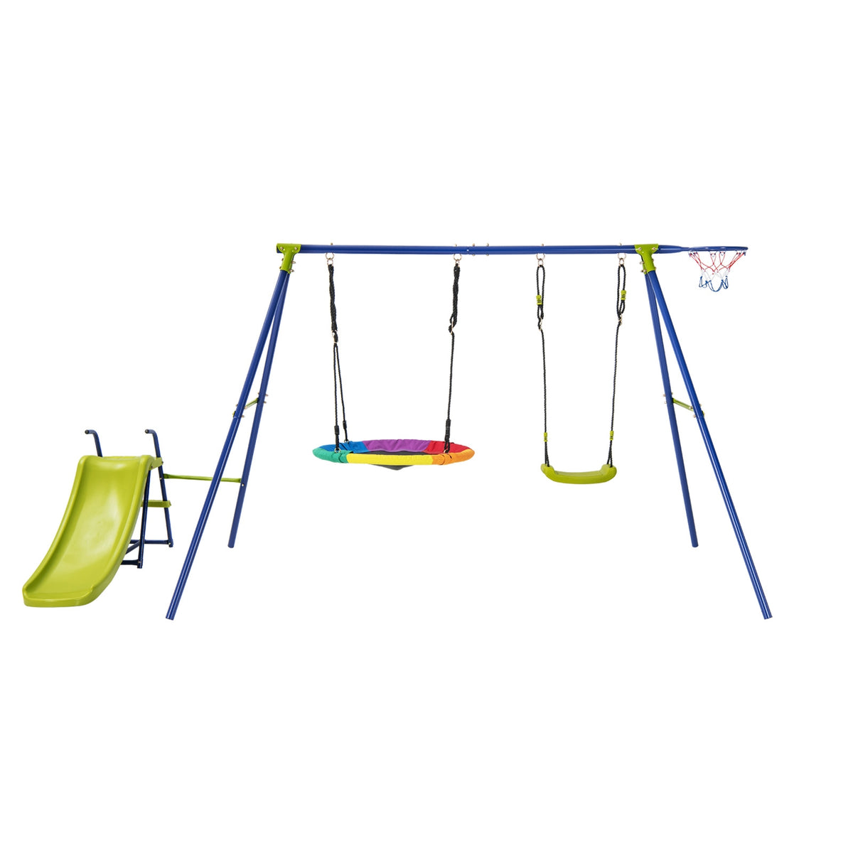 4-in-1 Kids Metal Swing Set with Slide and Basketball Hoop