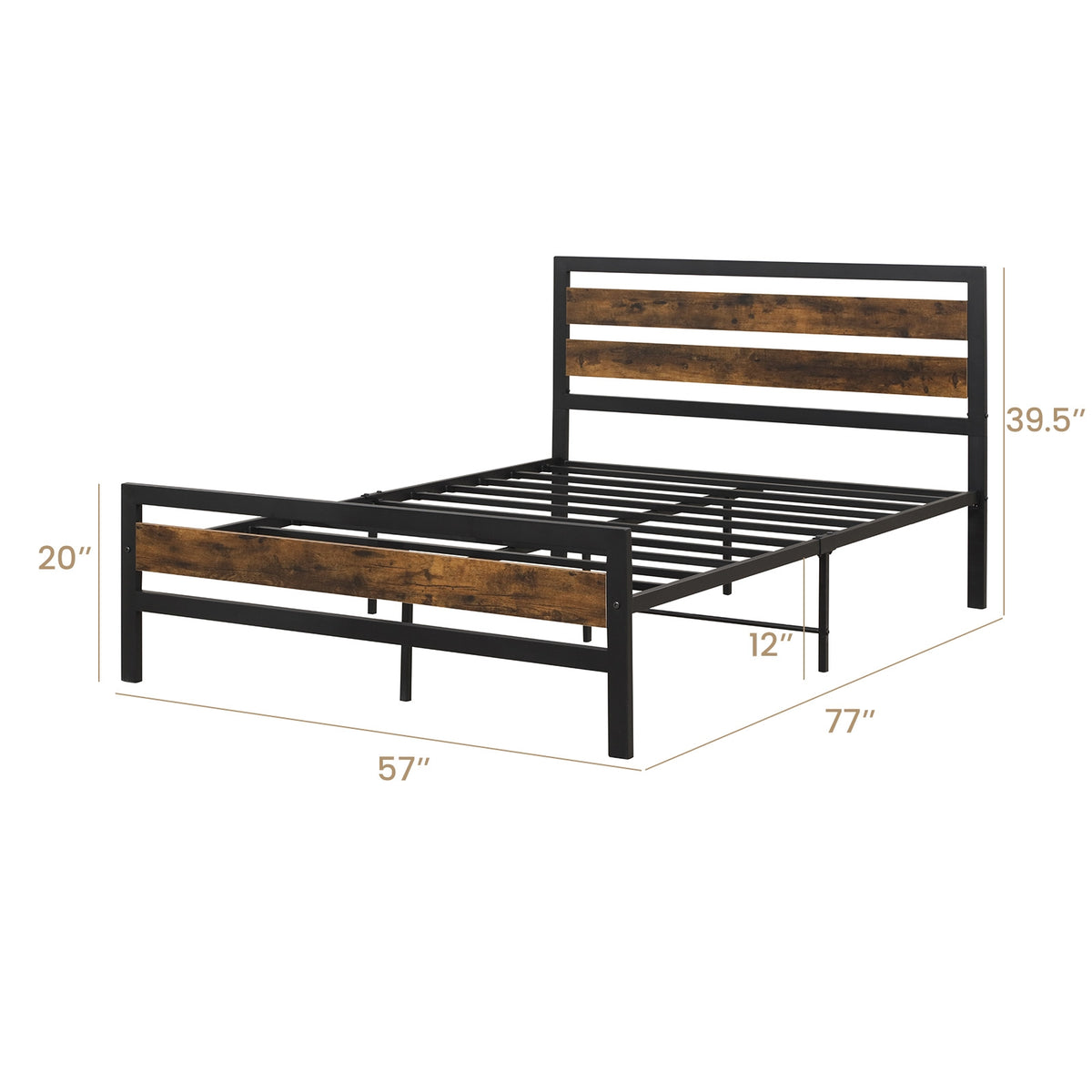 Industrial Bed Frame with Rustic Headboard and Footboard-Simple Bed Frame-DECOROLALA
