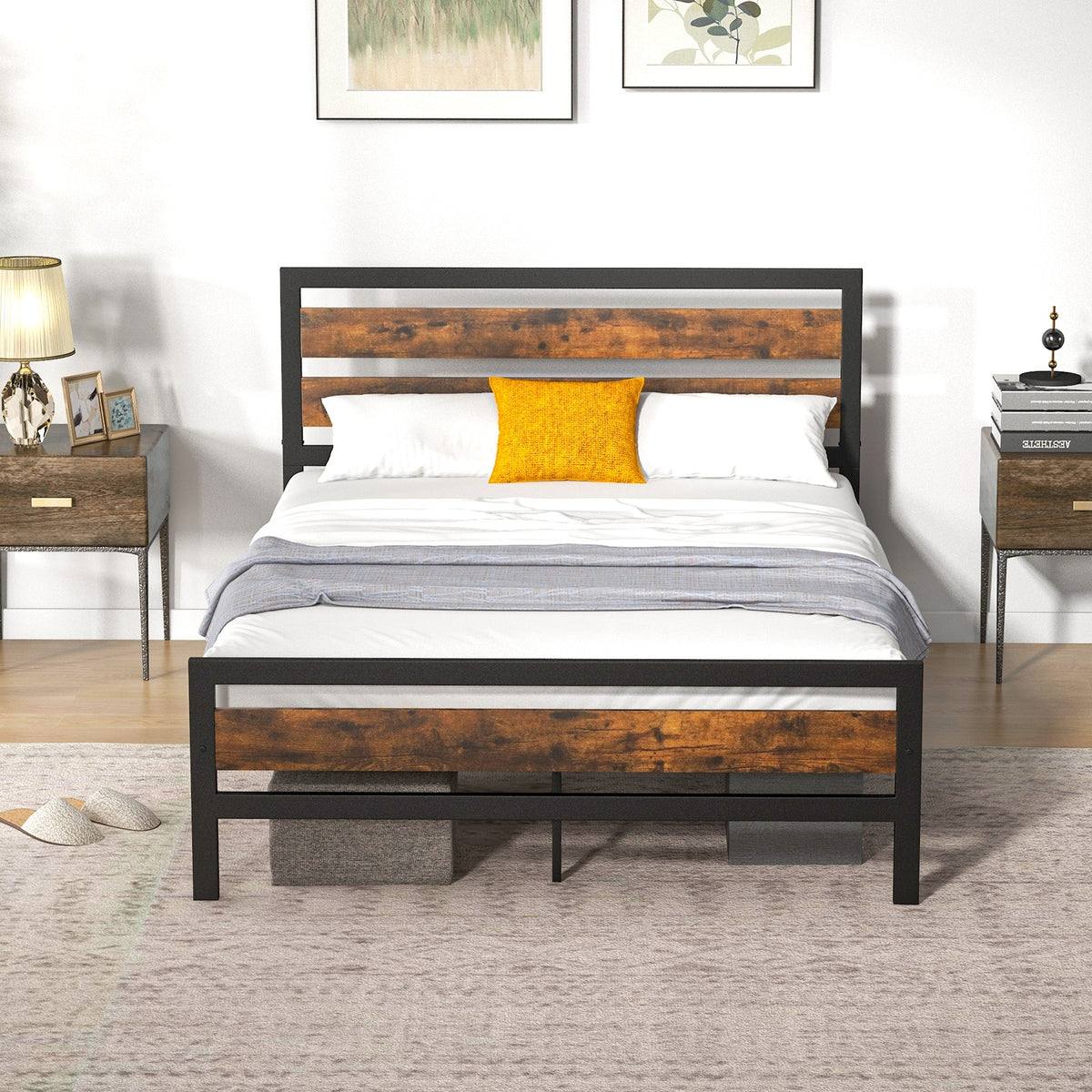 Industrial Bed Frame with Rustic Headboard and Footboard-Simple Bed Frame-DECOROLALA